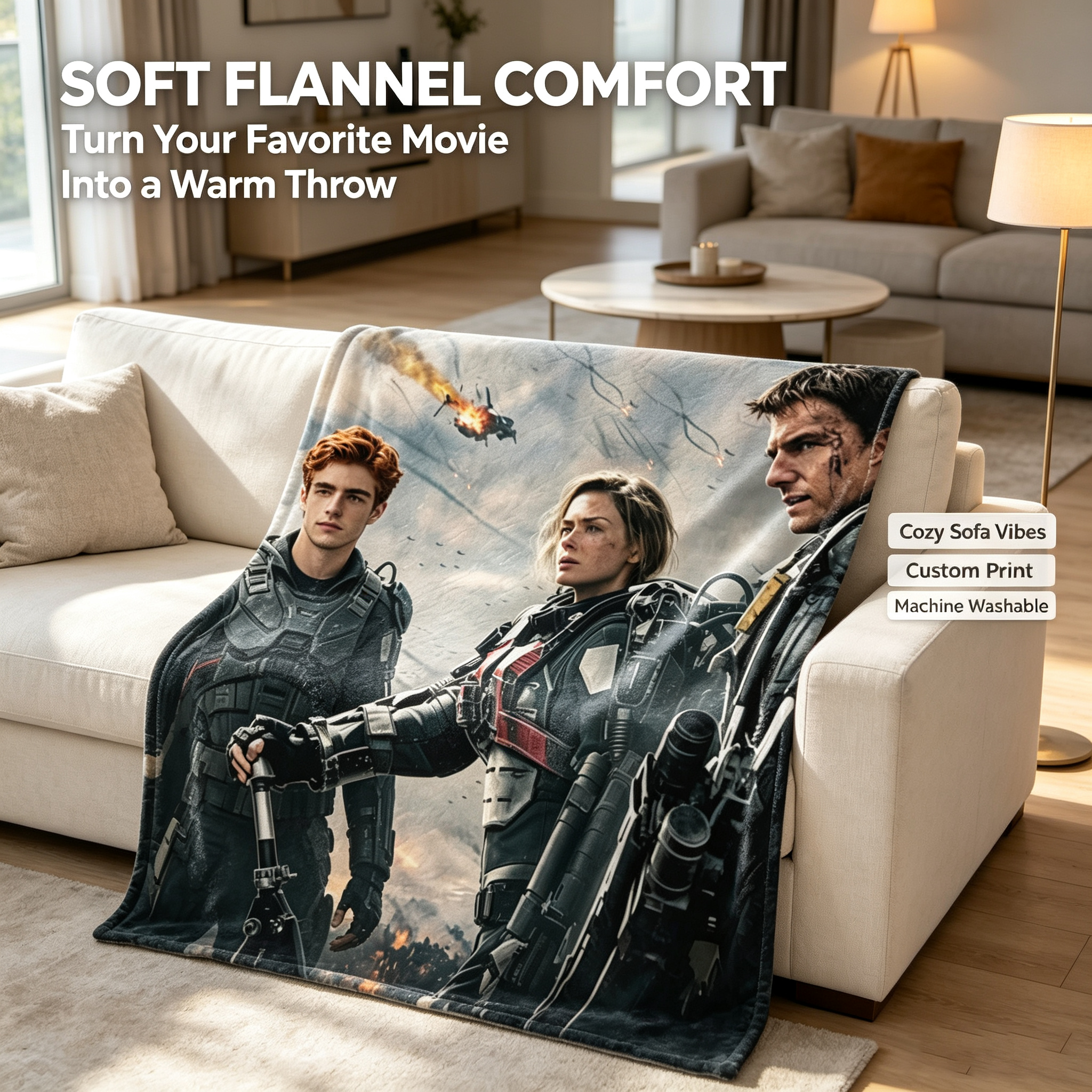 Custom Face Blanket - Sci-Fi Warrior Squad Movie Characters Flannel Blanket for Couch, Bed, or Travel - Perfect Gift for Fans of Action Movies and Military Themes