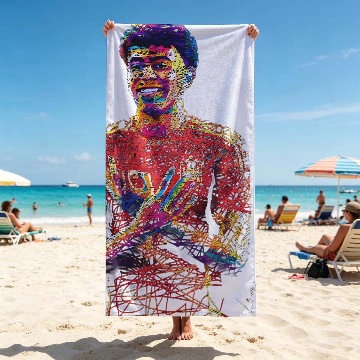 Lamine Yamal, vibrant line art portrait of the footballer in a red jersey with number 19, arms crossed, against a black background. - Beach towels