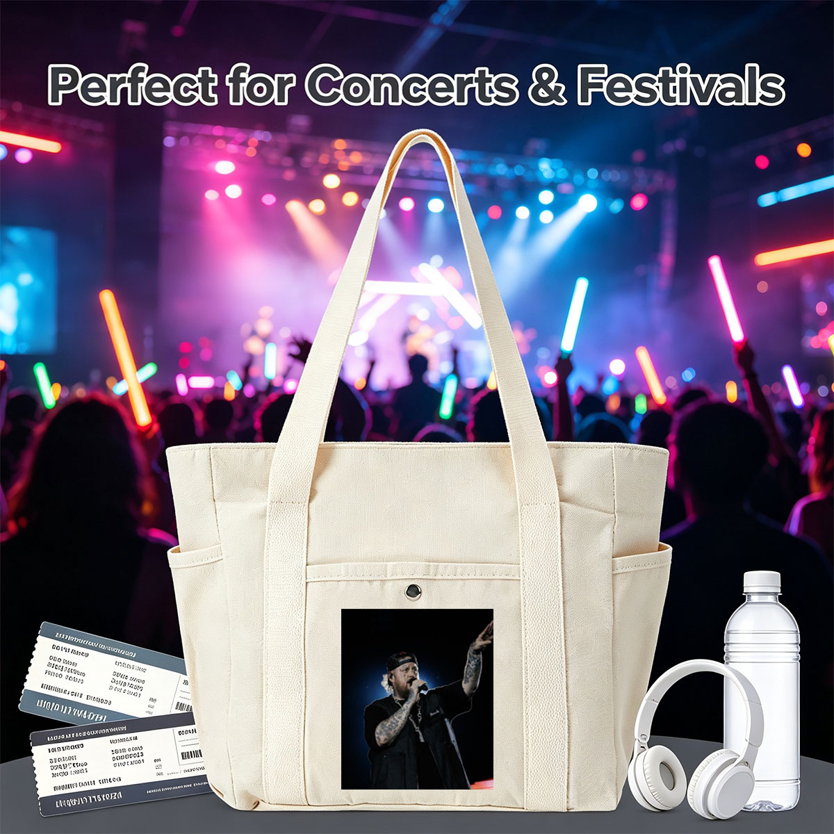 Jelly Roll Performing on Stage with Microphone and Tattooed Arms - Multi-pocket bags