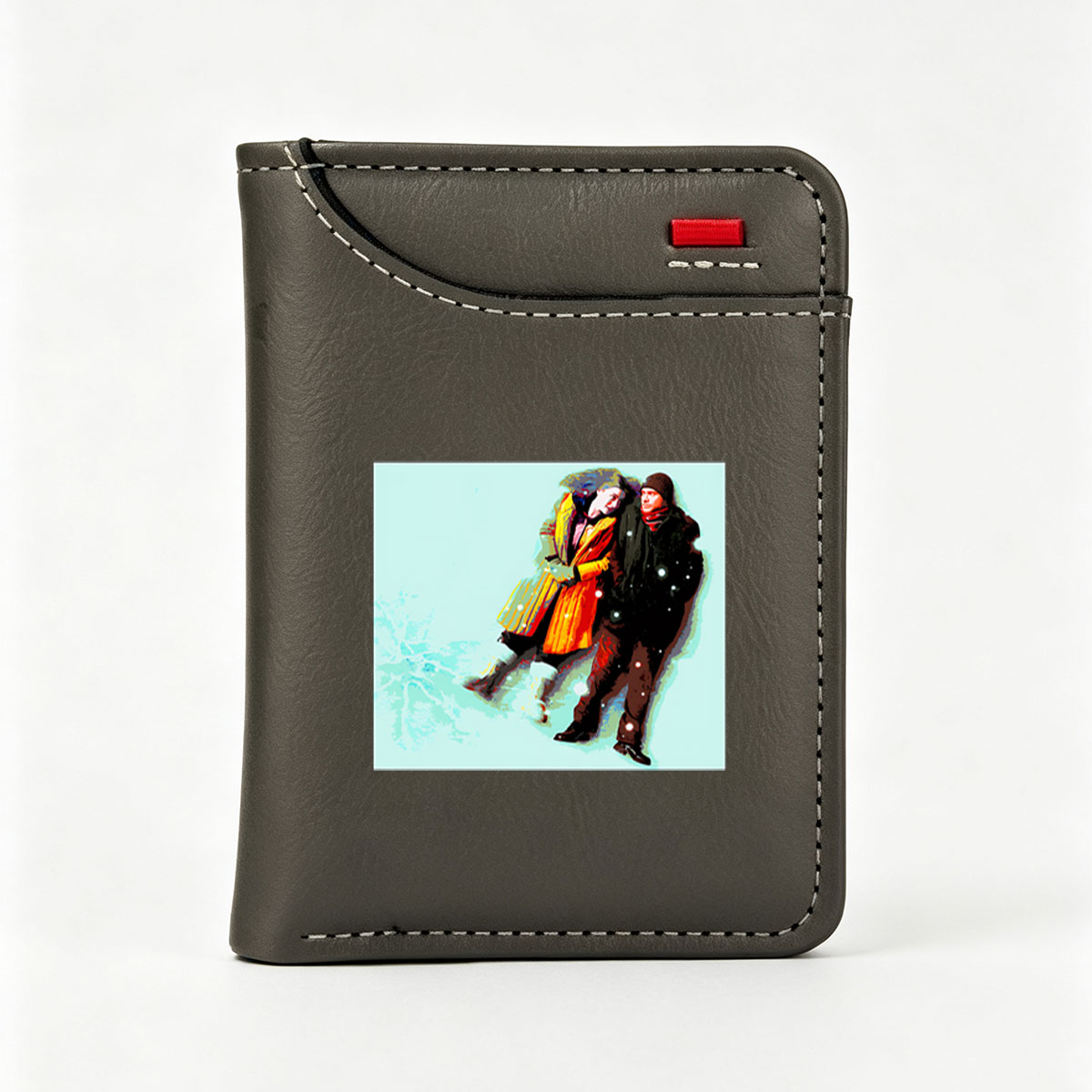 Couple in Winter Coats Walking in Snowy Scene - Vertical Style Wallet