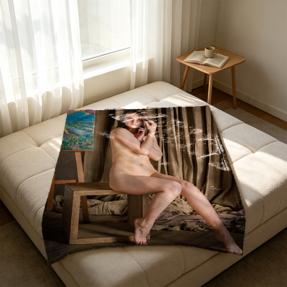 Red Lingerie Seduction in the Bedroom - Blanket
