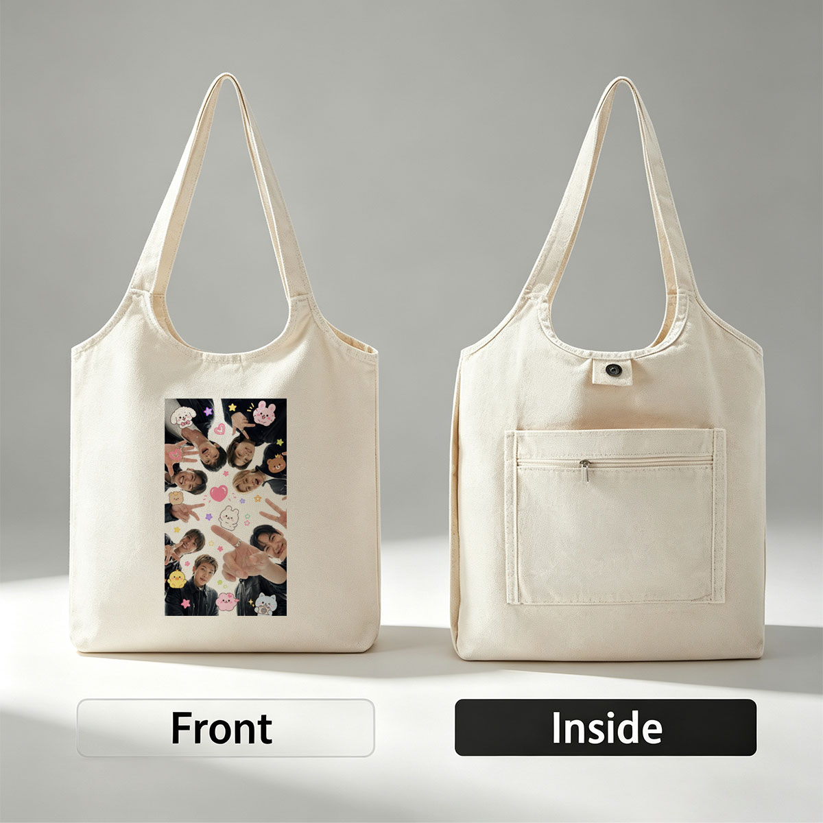 BTS Members in a Circle with Cute Stickers and Peace Signs - Canvas shoulder bags/