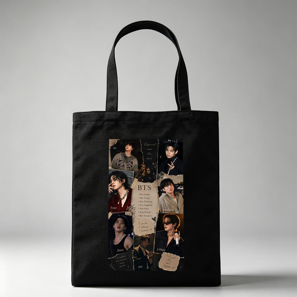 BTS Members in Various Stylish Poses and Expressions Collage - Canvas tote bags
