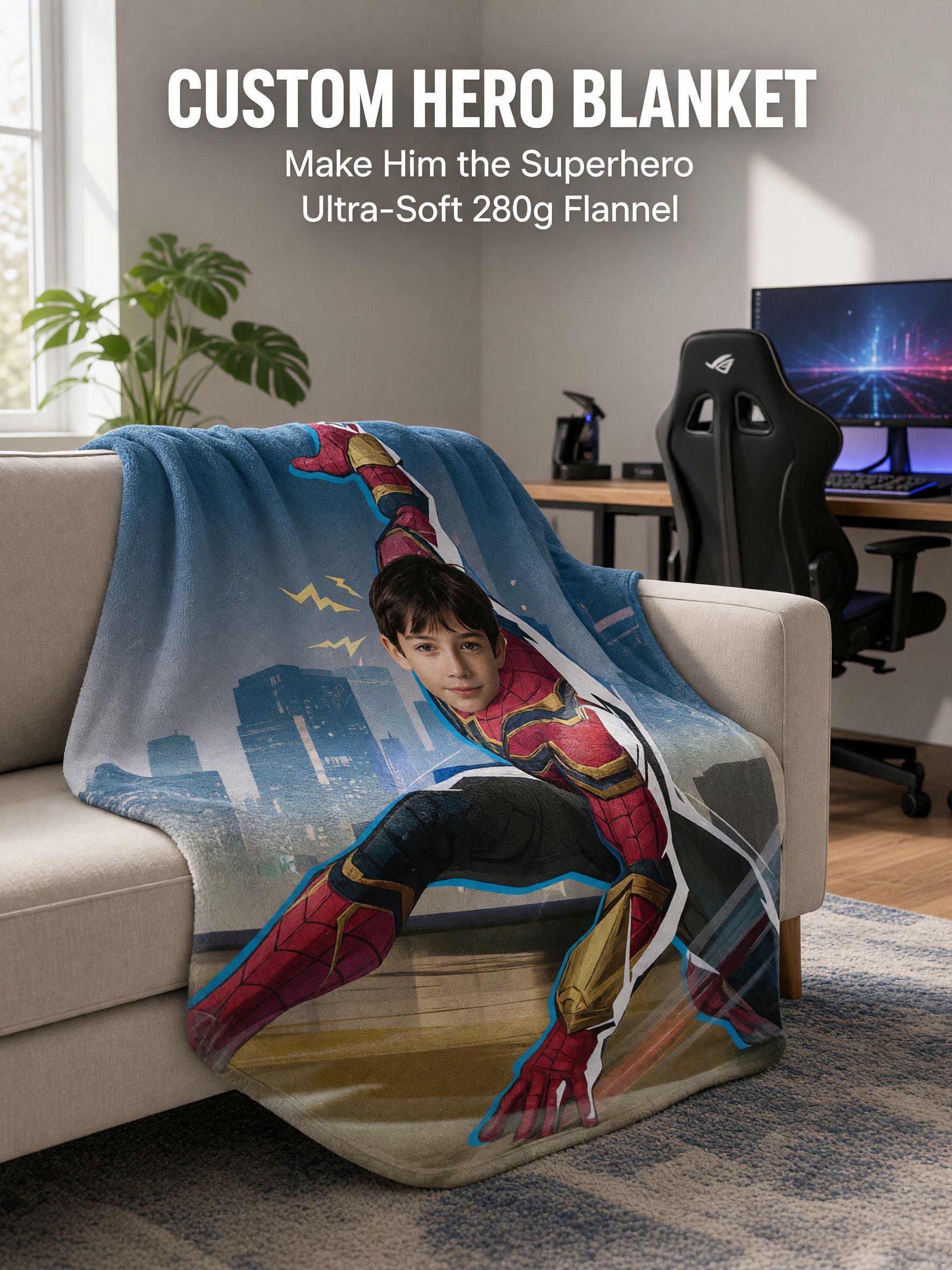 Custom Face Superhero Blanket Personalized Photo Fleece Throw Skin-Friendly Soft Couch Quilt for Kids Ideal Gift