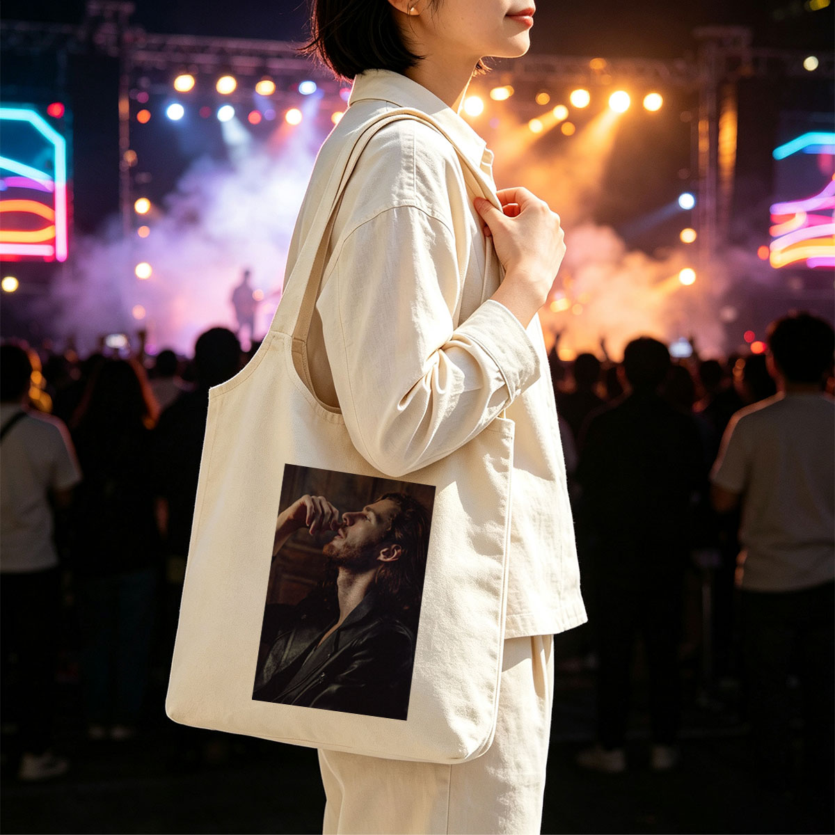 Hozier in a Moody Portrait Wearing a Leather Jacket and Gazing Upward - Canvas shoulder bags/