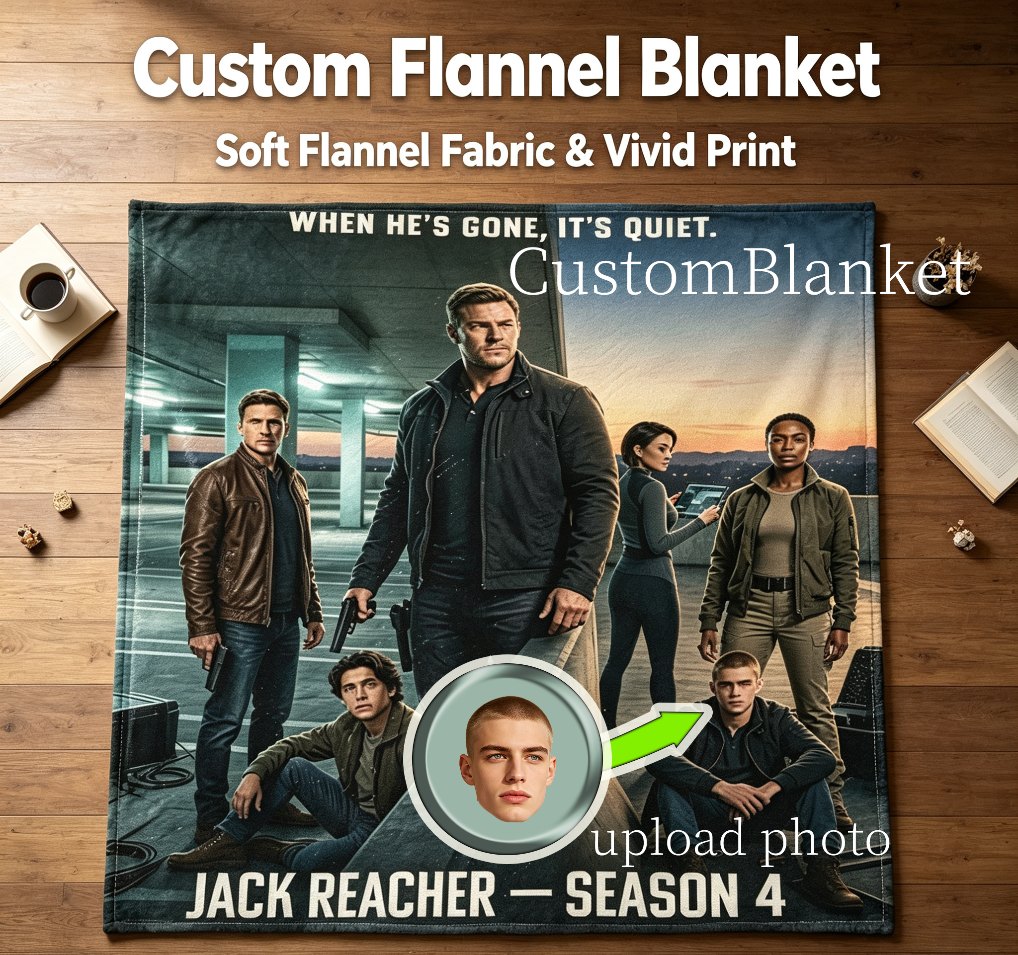Custom Face Blanket Jack Reacher Season 4 Flannel Blanket for Couch, Bed, or Travel – Perfect Gift for Fans of the Action Thriller Series