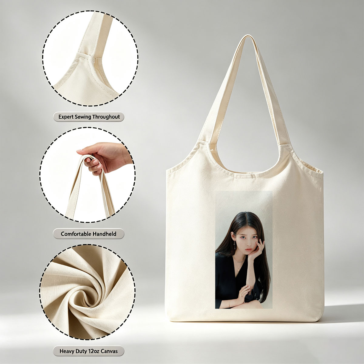 IU in a Minimalist Portrait with Elegant Black Attire and Delicate Jewelry - Canvas shoulder bags/