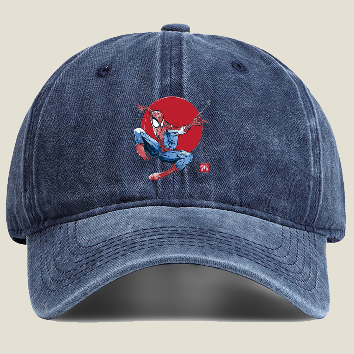Spider-Man in Action Against Red Sun Background - Washed Denim - Baseball Cap