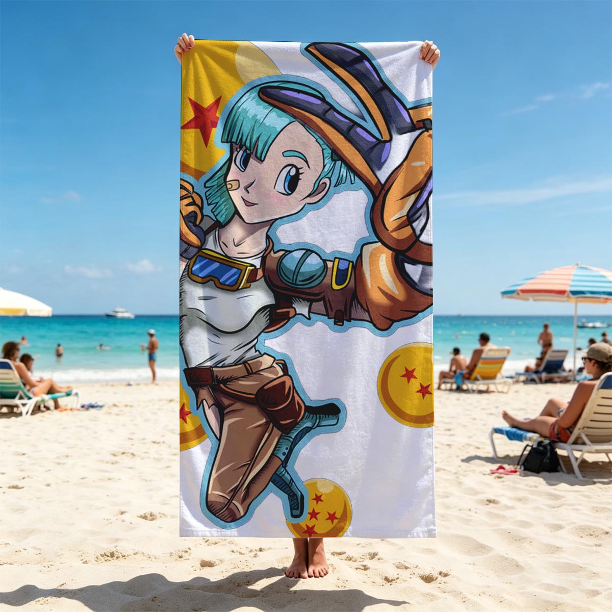 Bulma from Dragon Ball, holding a scouter, surrounded by Dragon Balls - Beach towels