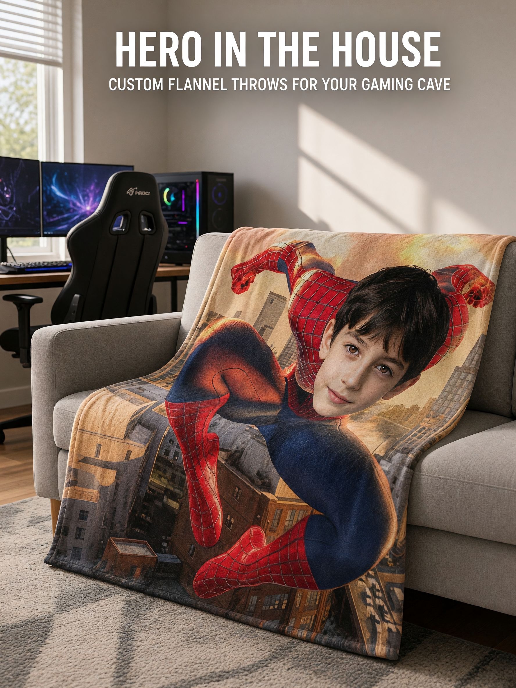 Custom Face Superhero Blanket, Personalized Photo Plush Flannel Fleece Throw, Ideal Cozy Gift for Kids and Bed Couch