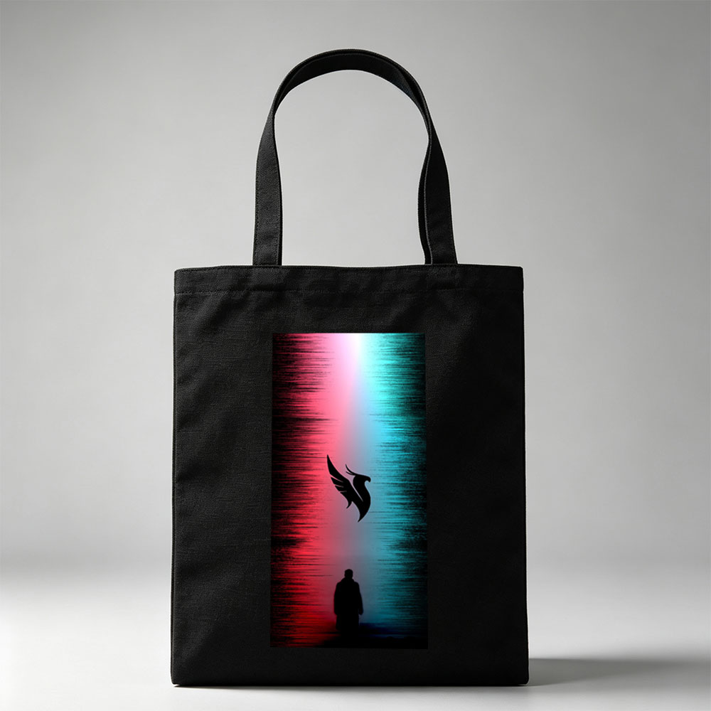Linkin Park - Silhouette of a Man Standing Before a Winged Bird Symbol Against a Red and Blue Gradient Background - Canvas tote bags