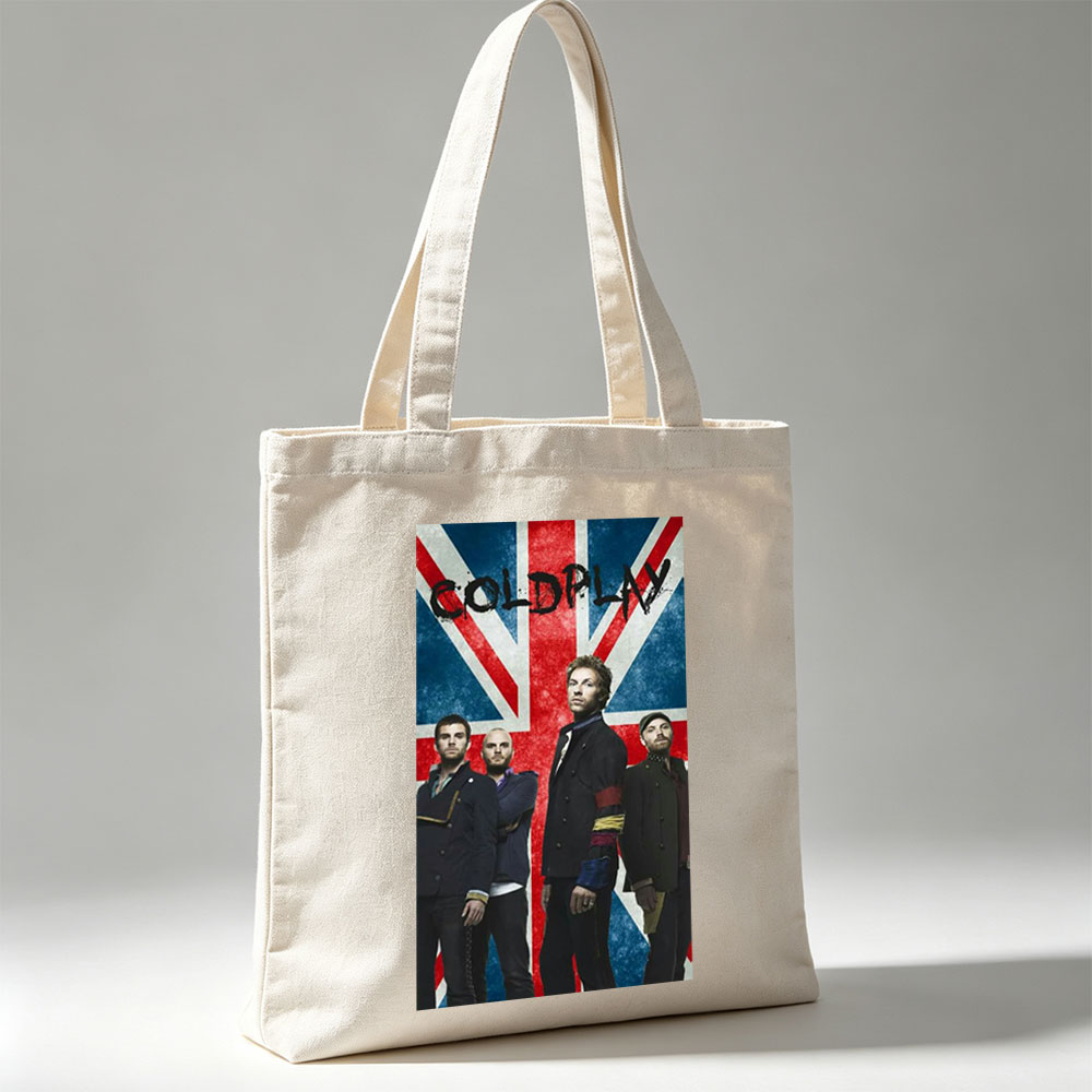 Coldplay Band Members Standing in Front of a British Flag Background - Canvas tote bags