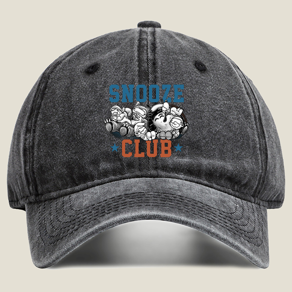 Snooze Club: Mickey, Minnie, Donald, Goofy, and Pluto Sleeping Together - Washed Denim - Baseball Cap