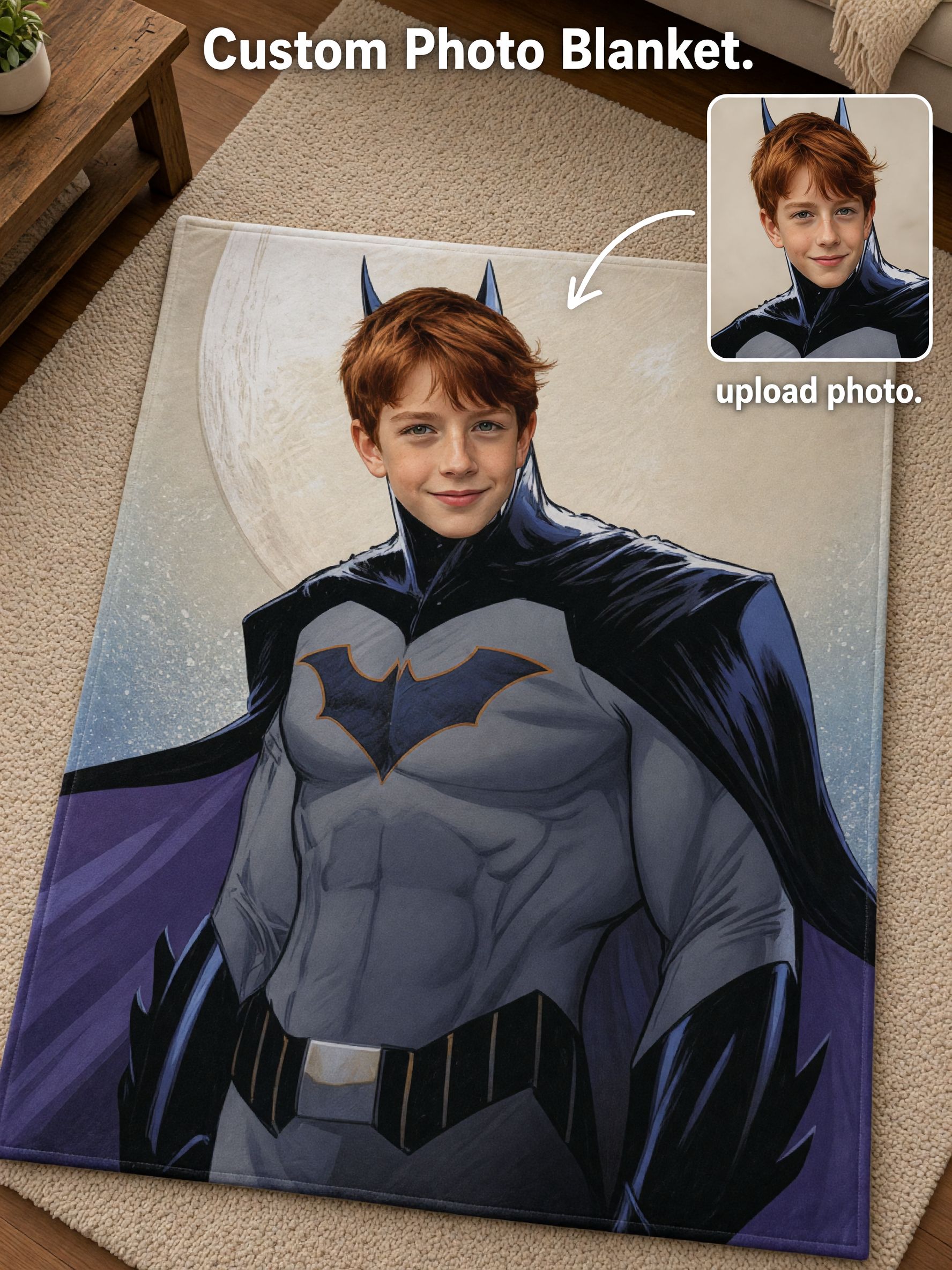 Personalized Superhero Face Photo Blanket, Custom Ultra Soft Flannel Throw Fleece Bedding Wrap, Ideal Cozy Gift for Kids