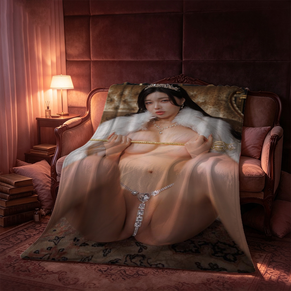 Nude Asian woman in beige lace panties covering her breast with hand - Blanket