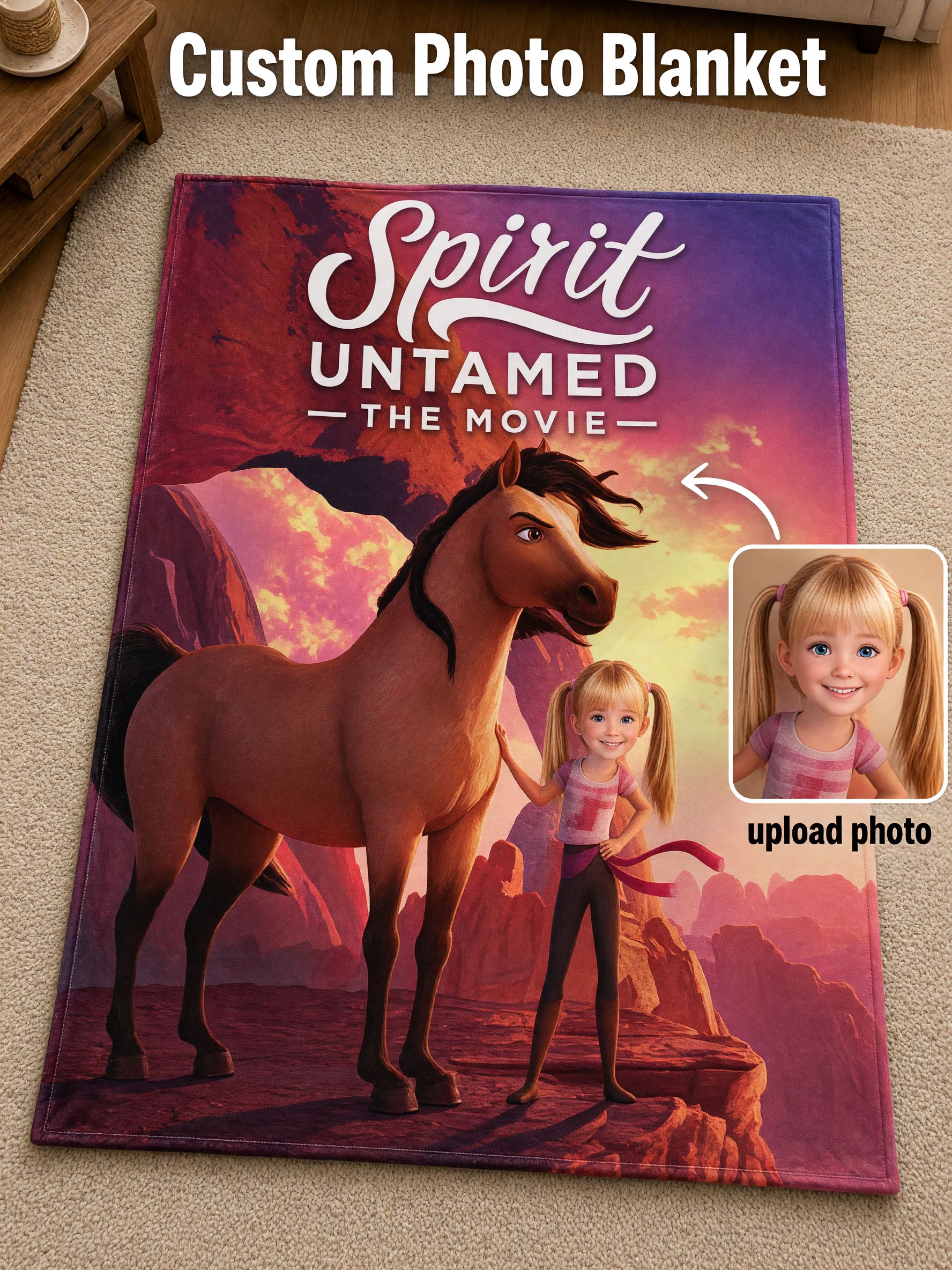 Personalized Face Photo Blanket, Custom Flannel Spirit Horse Throw for Kids, Cozy Fleece Keepsake Gift