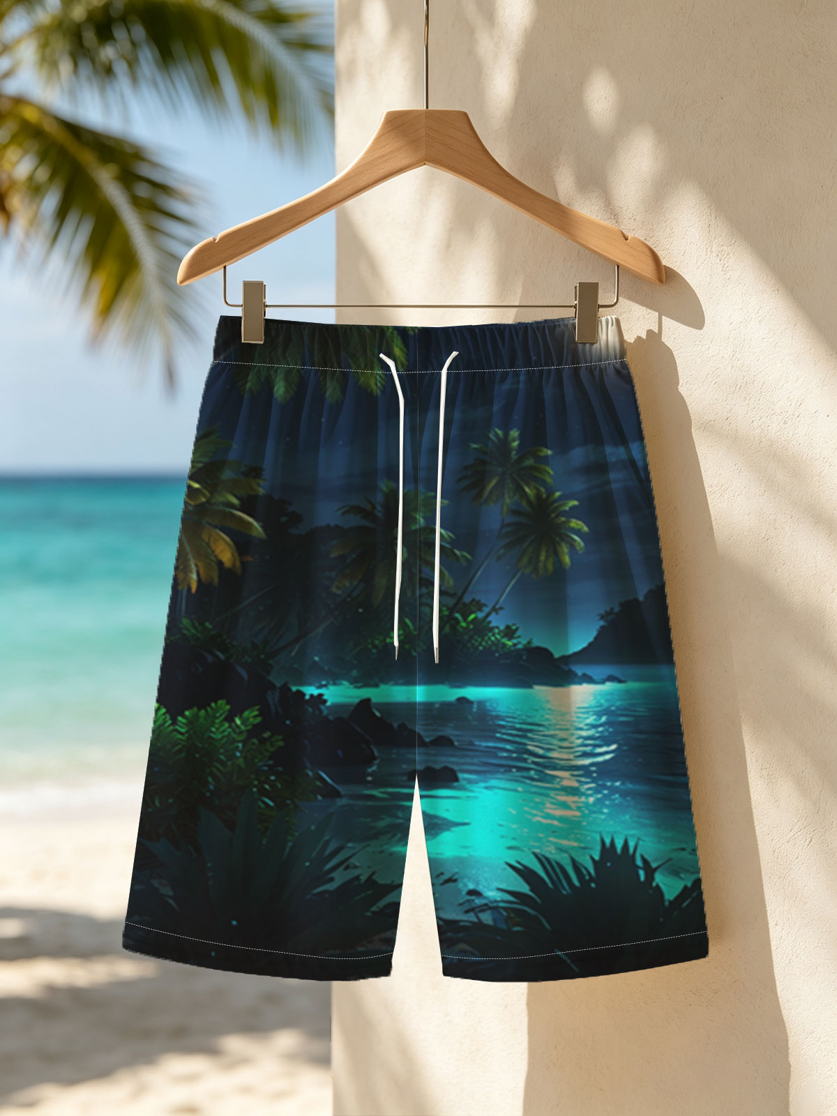 Moonlit Tropical Beach with Palm Trees and Glowing Water -  Beach shorts