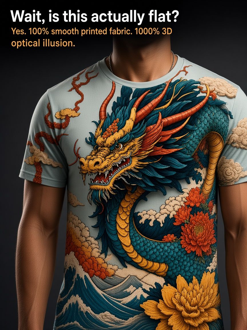 Oriental Dragon 3D Optical Illusion Graphic Tee Breathable Athletic Mesh T-Shirt for Casual and Sports Wear