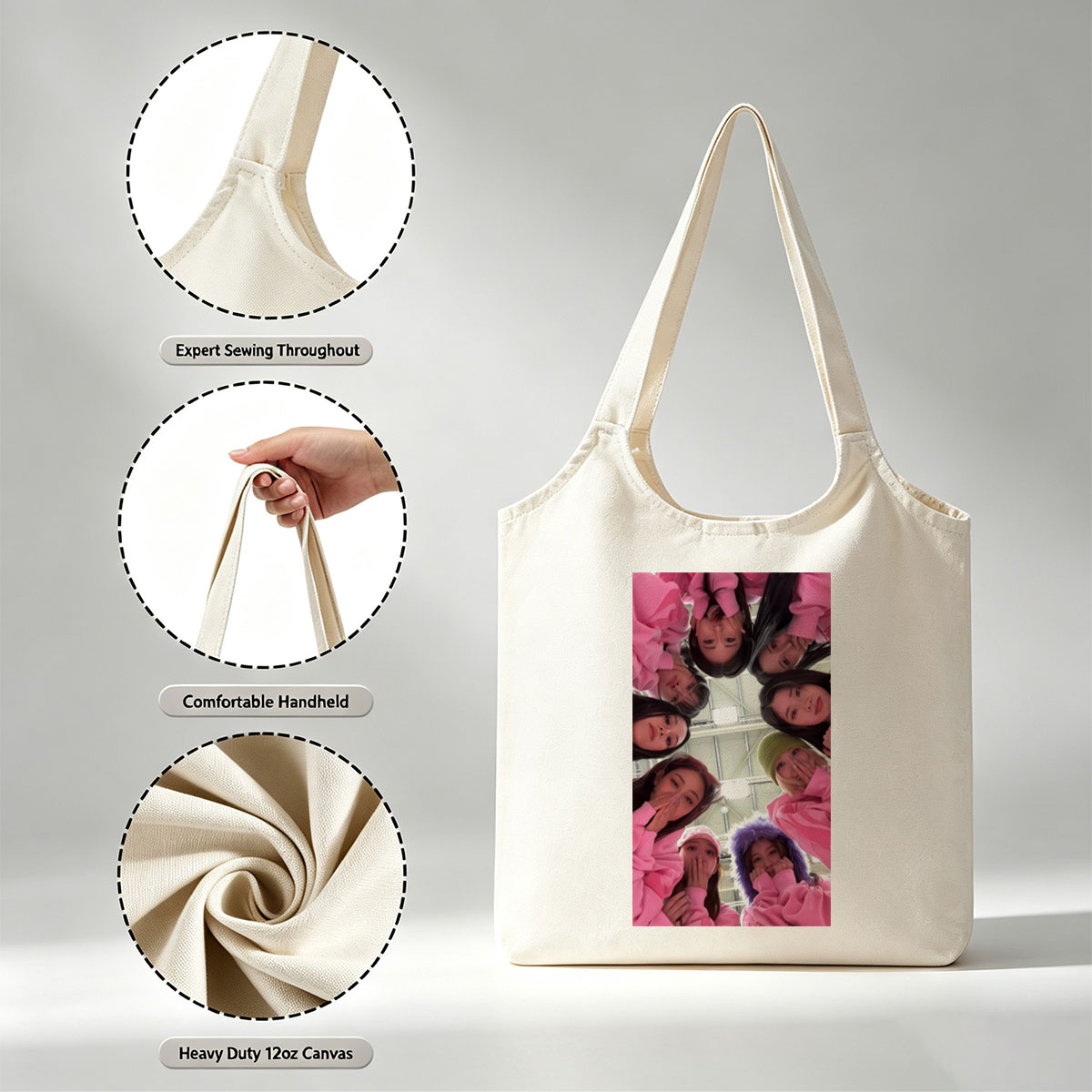 NewJeans Group Photo in Pink Outfits Forming a Circle with Playful Expressions - Canvas shoulder bags/