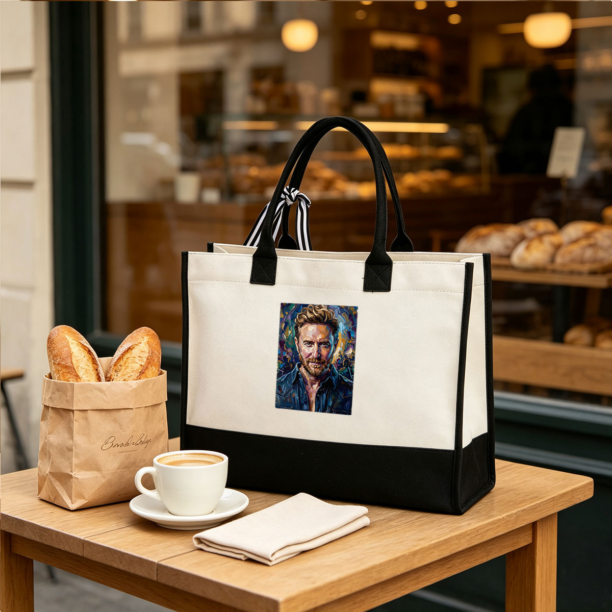Portrait of a man with curly hair and beard, wearing a denim shirt, set against a vibrant, abstract background. - Canvas patchwork gift tote bag