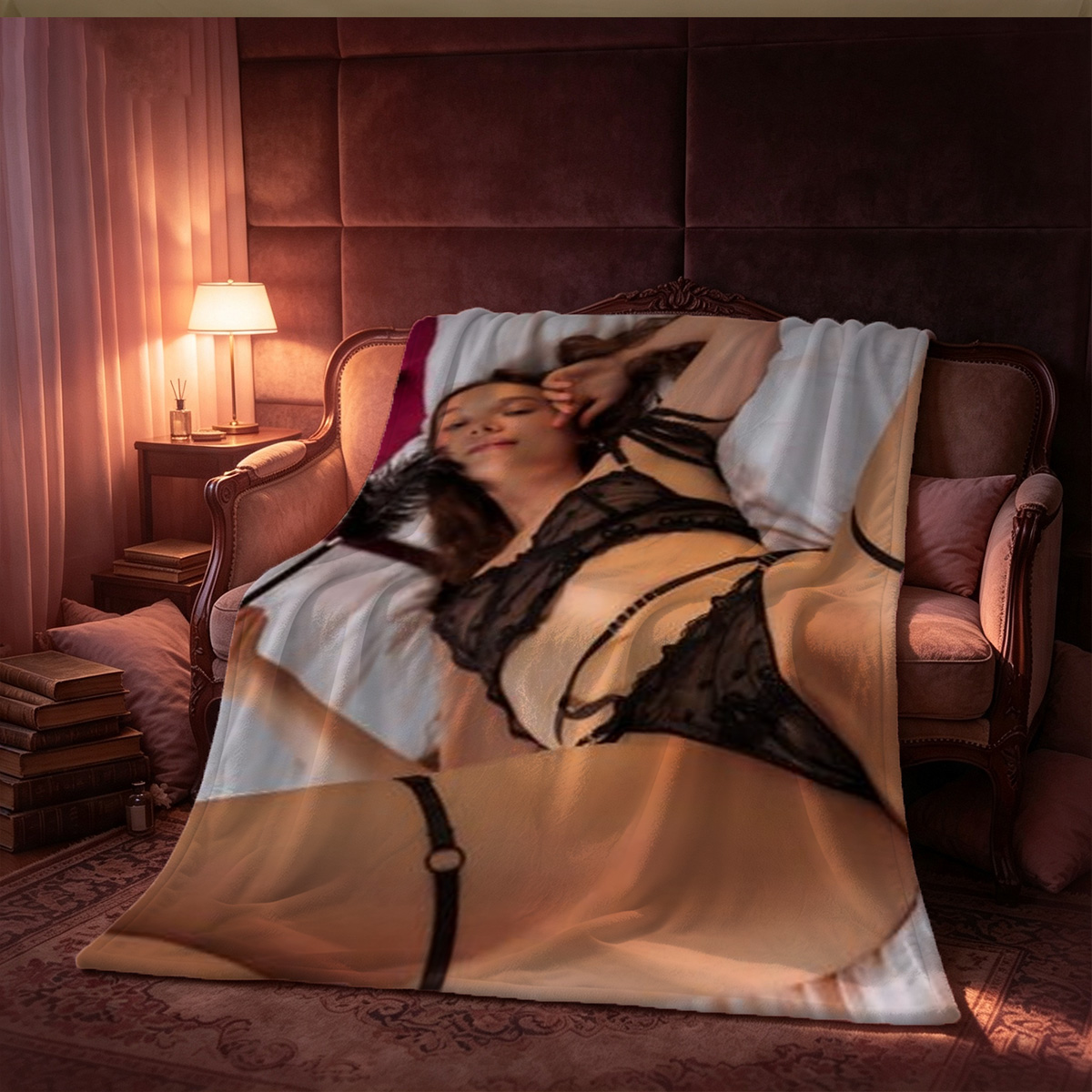 Sensual Asian Beauty in Shiny Black Latex Bodysuit Lying on Floor - Blanket