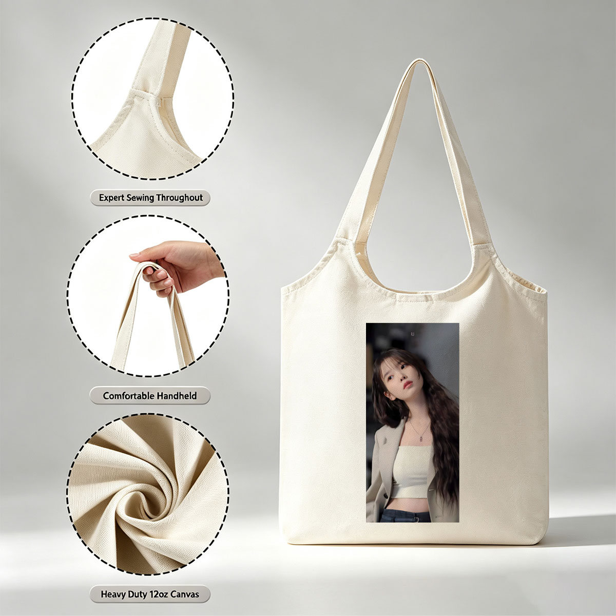 IU in a stylish outfit with a beige blazer and white crop top, showcasing her long wavy hair and elegant necklace. - Canvas shoulder bags/