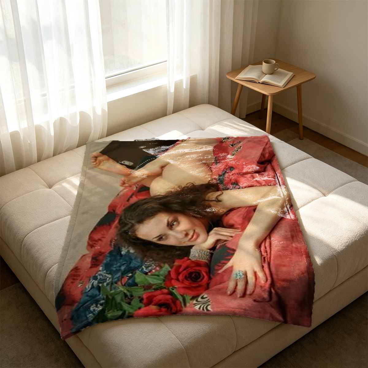 Nude woman with scarf on beach at sunset - Blanket