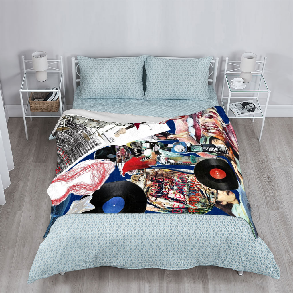 BTS Music Collage Featuring Vinyl Records, Guitars, and Artistic Elements - Blankets