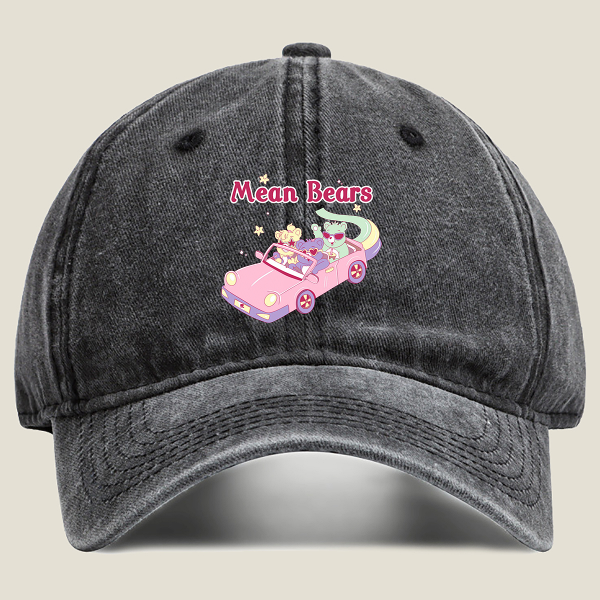 Mean Bears in a Pink Car with Three Cute Characters - Washed Denim - Baseball Cap