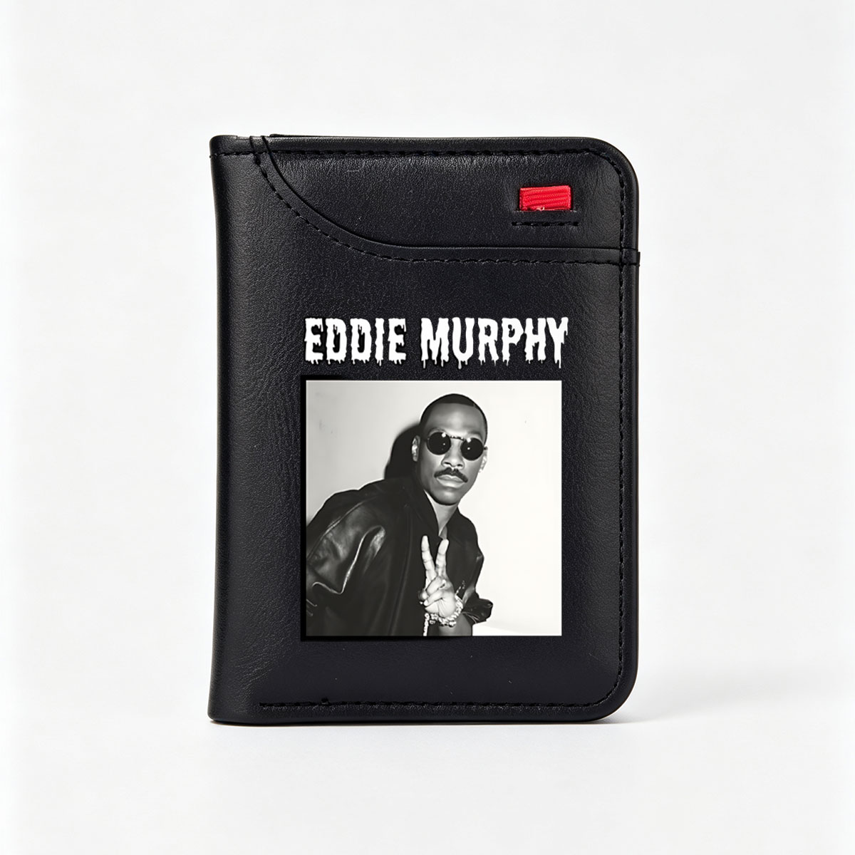 Eddie Murphy in a leather jacket and sunglasses, making a peace sign - Vertical Style Wallet