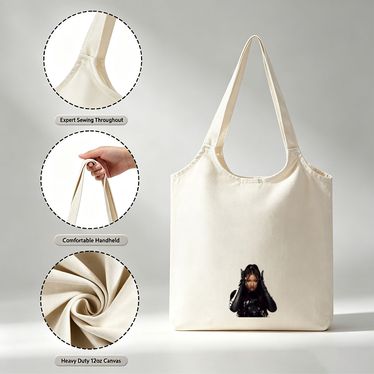 Megan Thee Stallion in a Bold Black Outfit with Hands on Head Against White Background - Canvas shoulder bags/