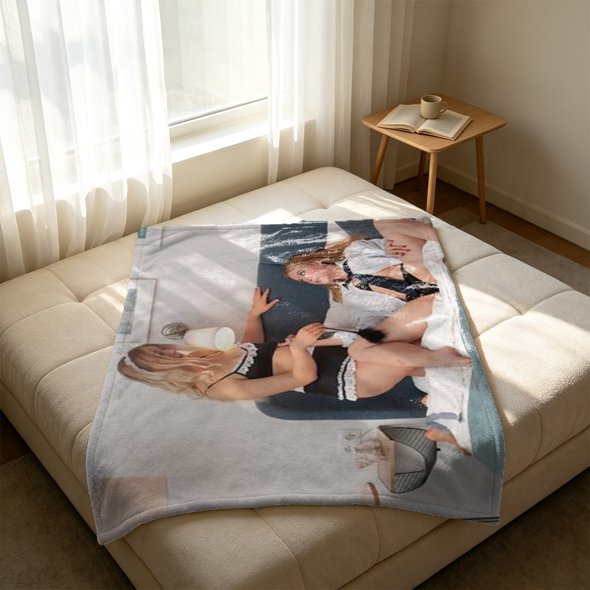Nude Asian Woman in Sheer Pantyhose Posing Seductively in Bedroom with Mirror Reflection - Blanket