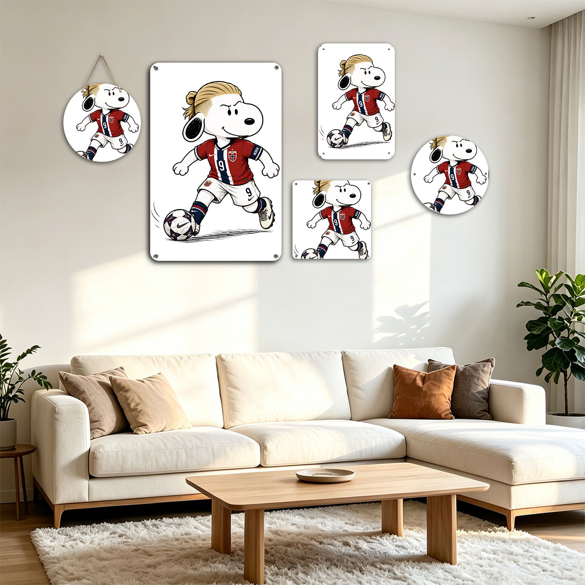 Snoopy as Norway Soccer Player, Wearing #9 Jersey, Kicking Ball - painting