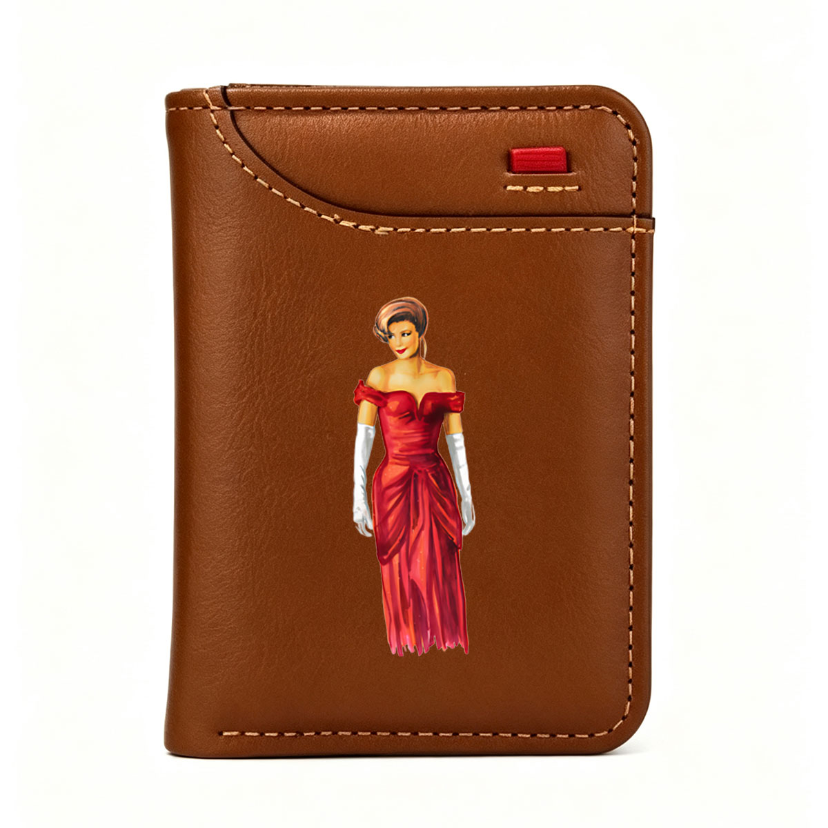 Elegant Woman in Red Gown with White Gloves - Vertical Style Wallet