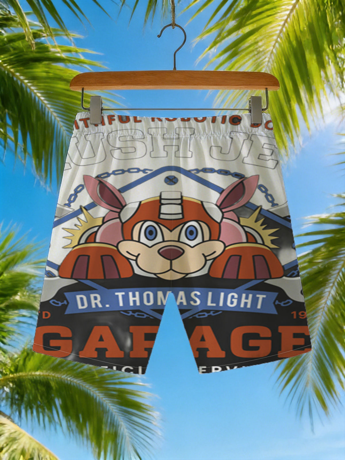 Rush Jet - Faithful Robotic Dog, Dr. Thomas Light Garage, Official Service, Est. 1990 -  Beach shorts