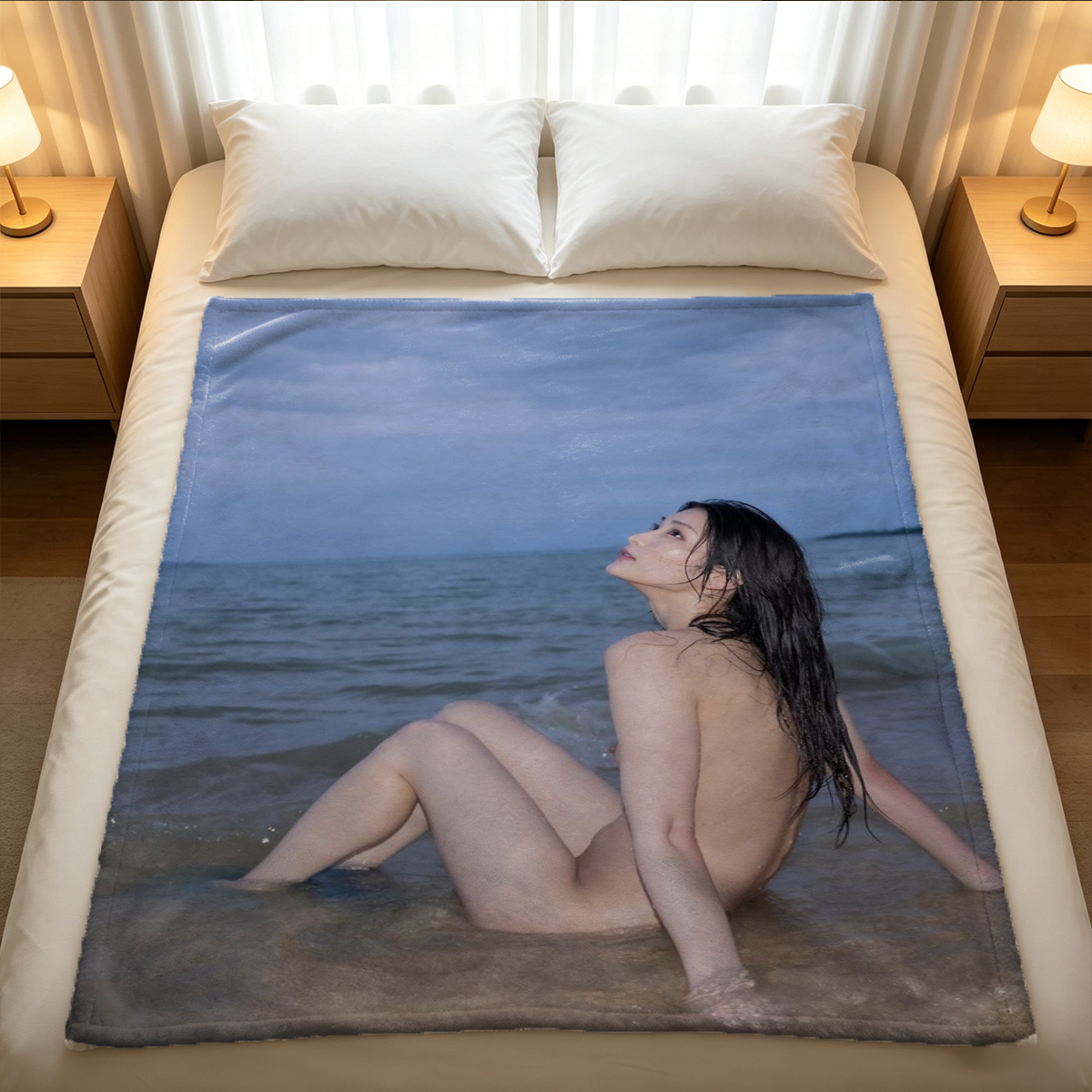 Mio Akiyama Topless in Blue Patterned Shirt by Window - Blanket