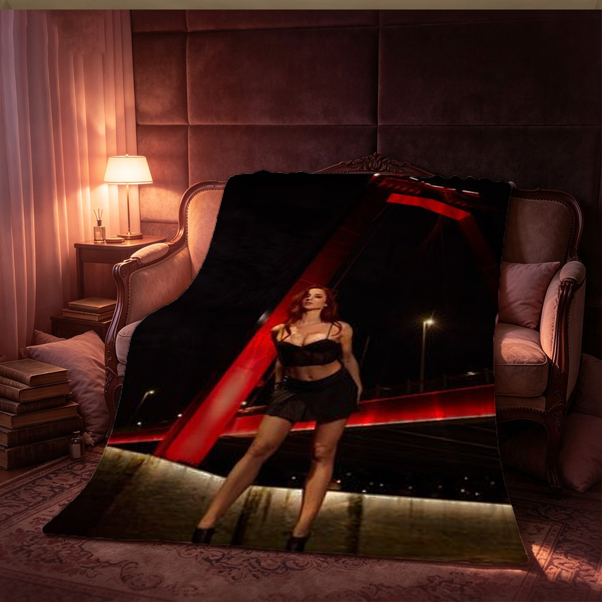 Two Asian women in red bondage harness and fishnet stockings posing seductively on the floor. - Blanket