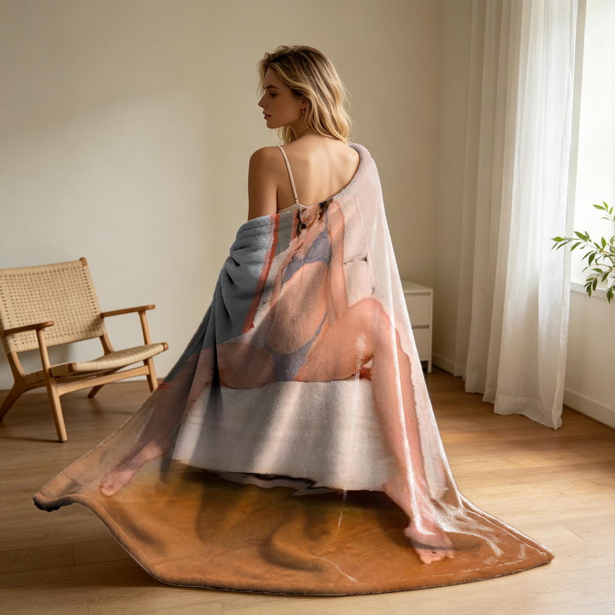 Two Women in Lingerie and Stockings on Satin Bed with Red Curtains - Blanket