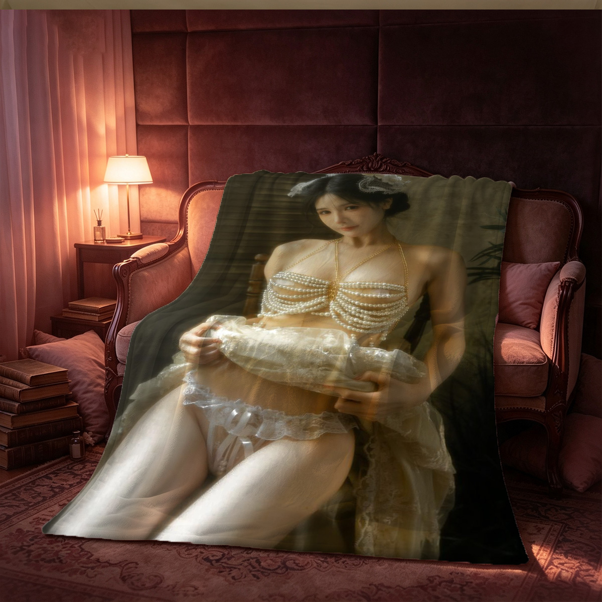 Salma Hayek in a short brown dress, posing barefoot on a grey couch. - Blanket