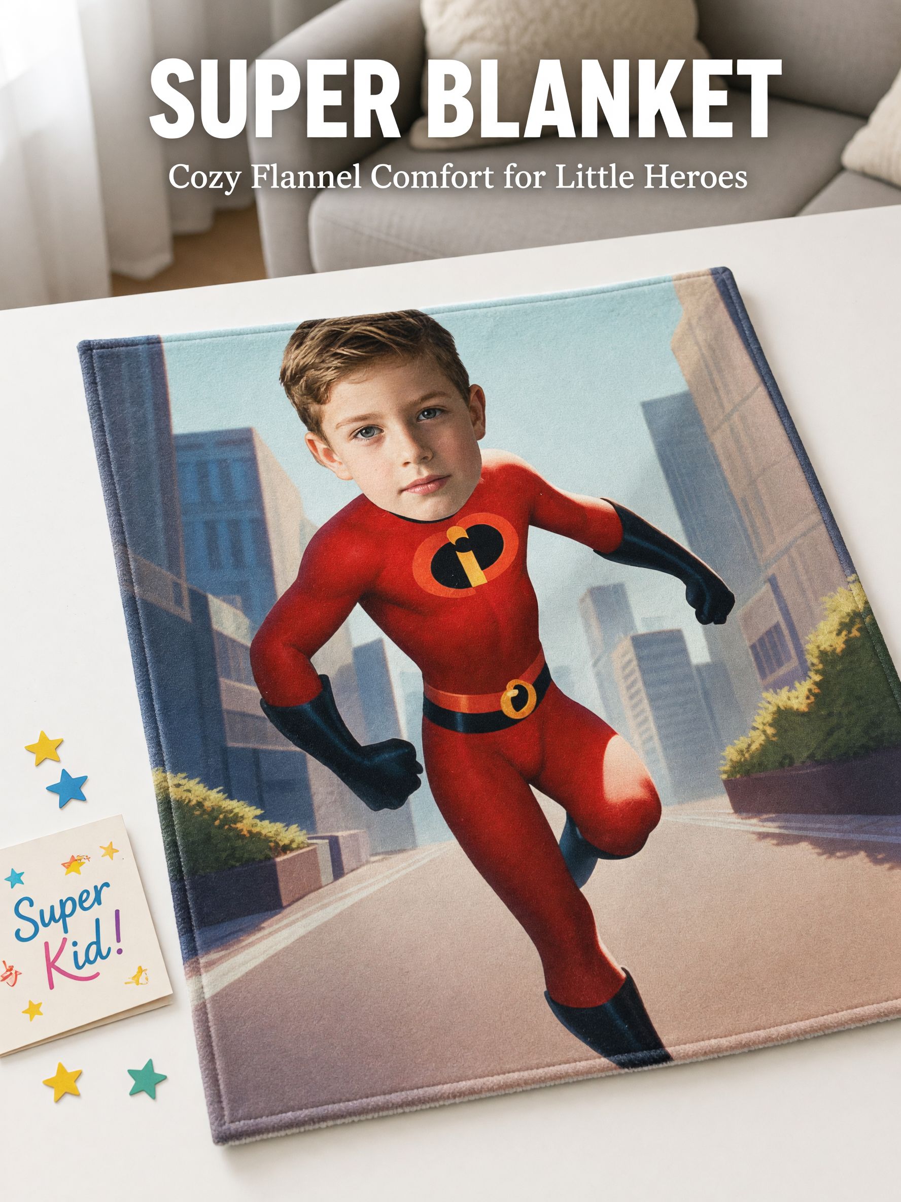 Personalized Superhero Face Photo Blanket Custom Ultra Soft Flannel Throw for Kids Bed Couch Cozy Keepsake Gift