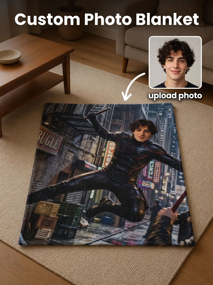 Custom Photo Face Superhero Action Flannel Fleece Throw Blanket, Personalized Ultra Soft Cozy Gift for Bed and Couch