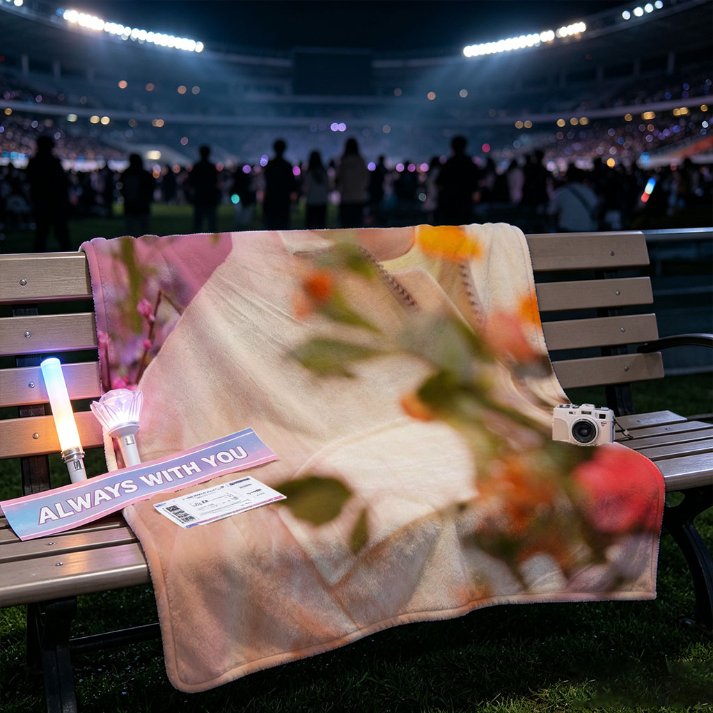 Sungchan in a floral garden, wearing a soft pink jacket with vibrant flowers in the foreground - Blankets