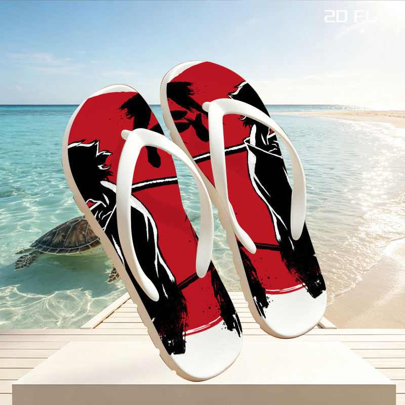 Samurai Silhouettes with Katana Against Red Moon Background -  flip-flops
