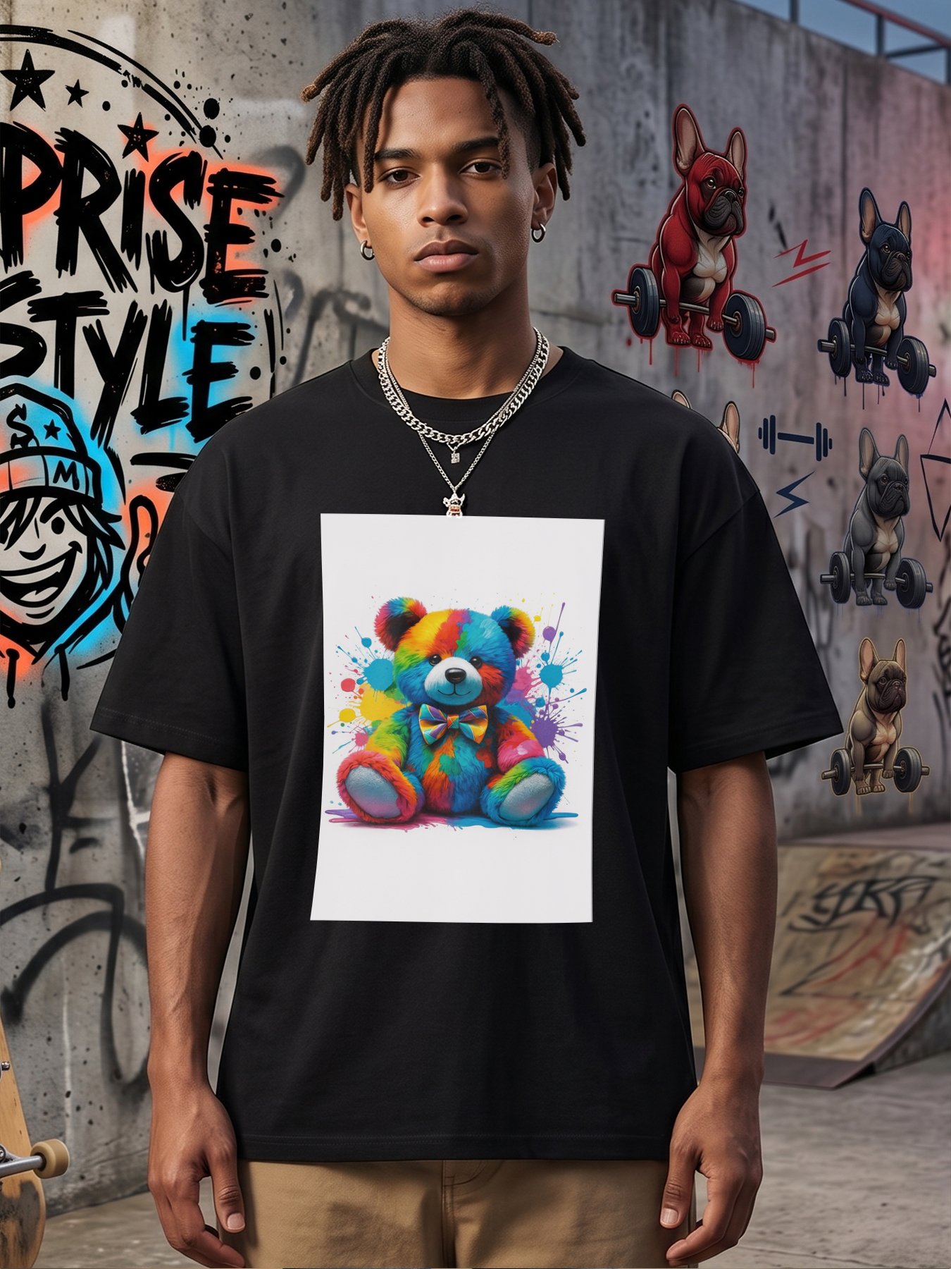 Men's Printed T-Shirt Rainbow Bear with Colorful Paint Splatter Design Casual Round Neck Summer Lightweight Breathable Short Sleeve T-Shirt for Everyday Wear, Outdoor Activities, and Gift Ideas for Adults Who Love Fun Artistic Styles