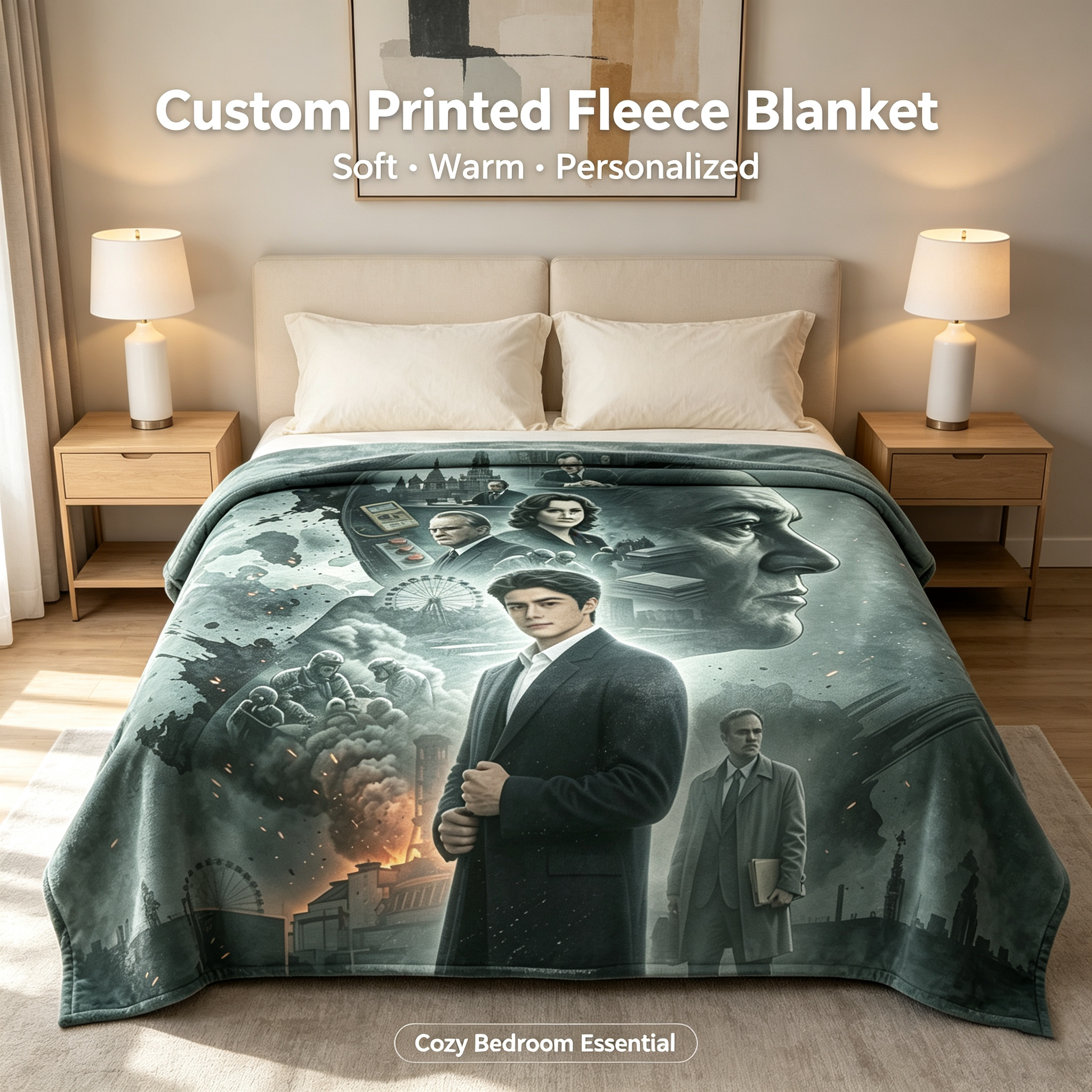 Custom Face Blanket Featuring Iconic Characters from a Dramatic Historical Thriller Series Flannel Blanket Perfect for Cozy Nights at Home or as a Unique Gift for Fans of Classic Cinema and Mystery Storytelling