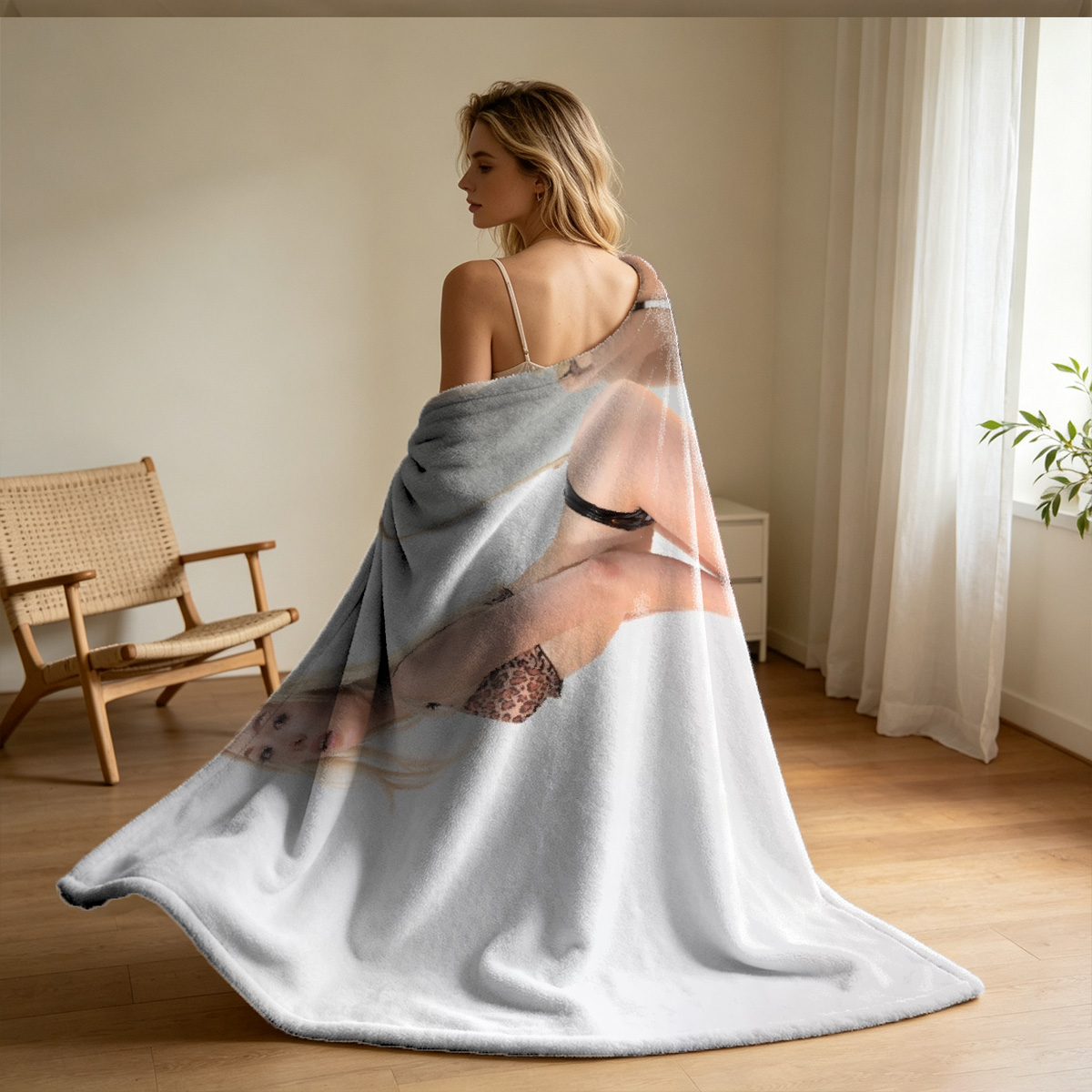 A young woman in a white button-up shirt kneeling on a bed in a sunlit bedroom. - Blanket