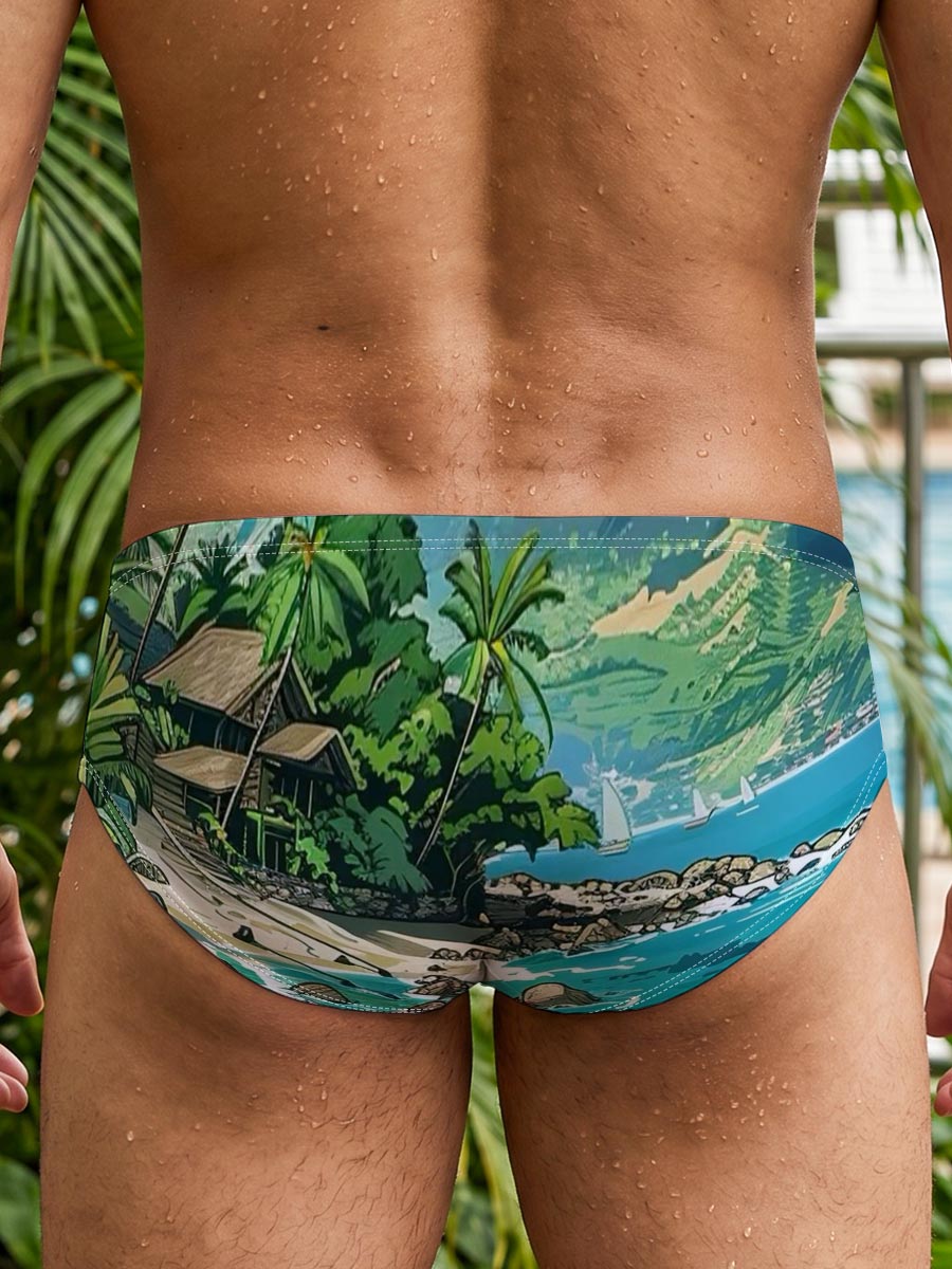 Tropical Beach with Lush Palm Trees and Crystal Clear Waters -  Men's swim trunks