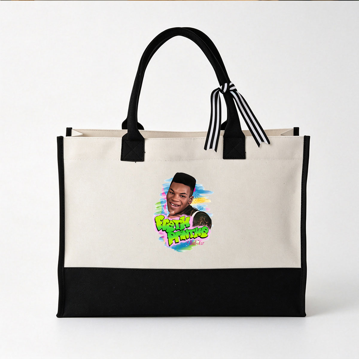 EARTH PRINCE of Bel-Air: A Vibrant Portrait of a Smiling Young Man with Tattooed Shoulder and Colorful Background - Canvas patchwork gift tote bag