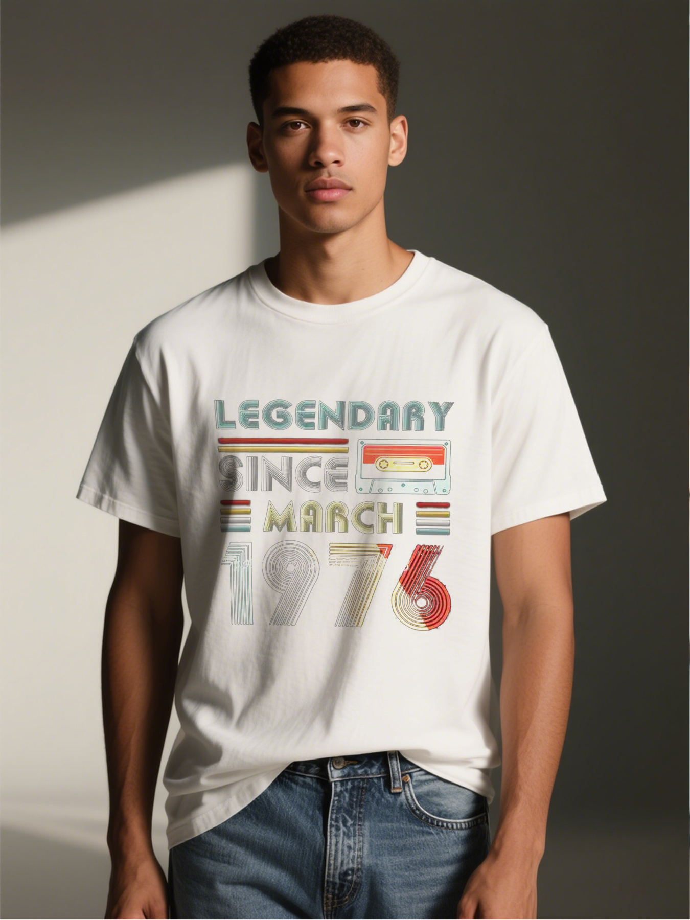 Men's Printed T-Shirt Legendary Since March 1976 Retro Cassette Tape Design Casual Round Neck Summer Lightweight Breathable Short Sleeve T-Shirt for Birthday Gifts Adults 40s 50s 60s Vintage Style Fashion