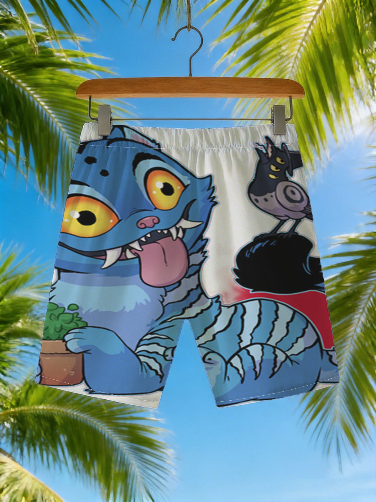 Blue Cat with Cactus and Bird on Head -  Beach shorts